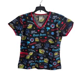 Sesame Street Oscar Grouch Black Red Recycle Scrub Top XS